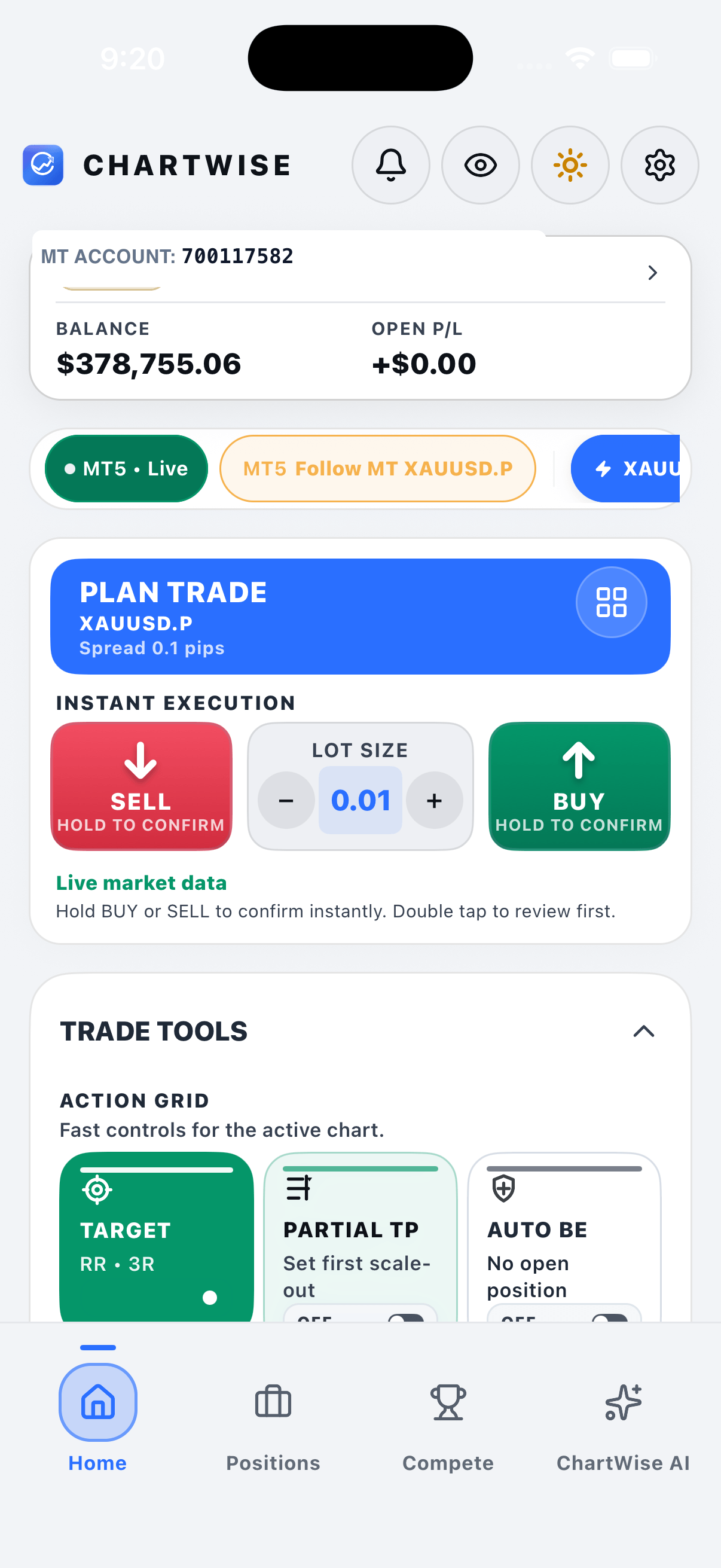 ChartWise Mobile home with Plan Trade execution and account balance — Light Mode