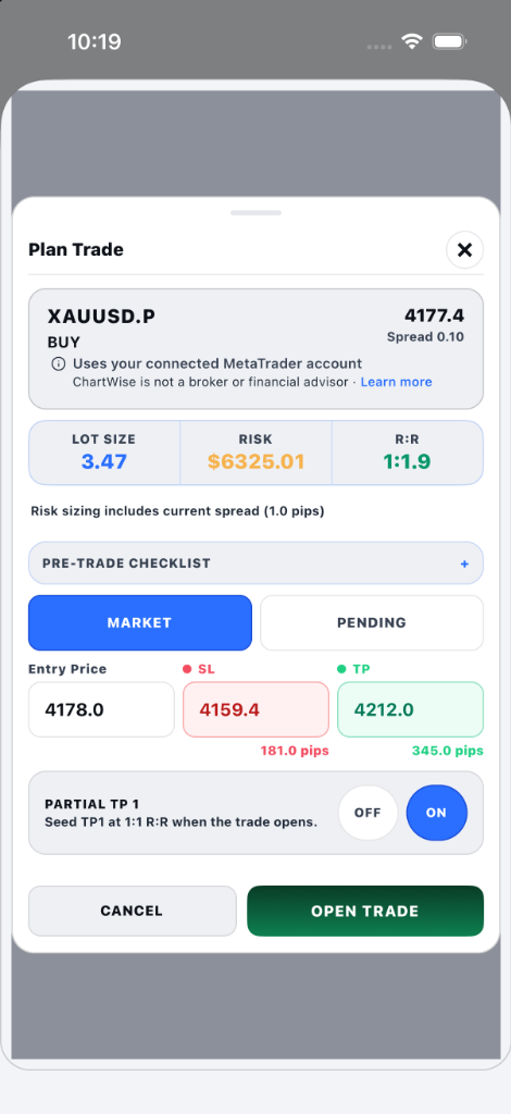ChartWise Mobile Plan Trade modal calculating 3.47 lots based on $6,325.01 risk budget and 181.0 pip stop loss on XAUUSD with 1:1.9 risk-reward ratio